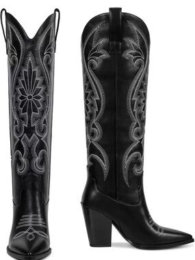 Women's Black Embroidered Western Heeled Boots